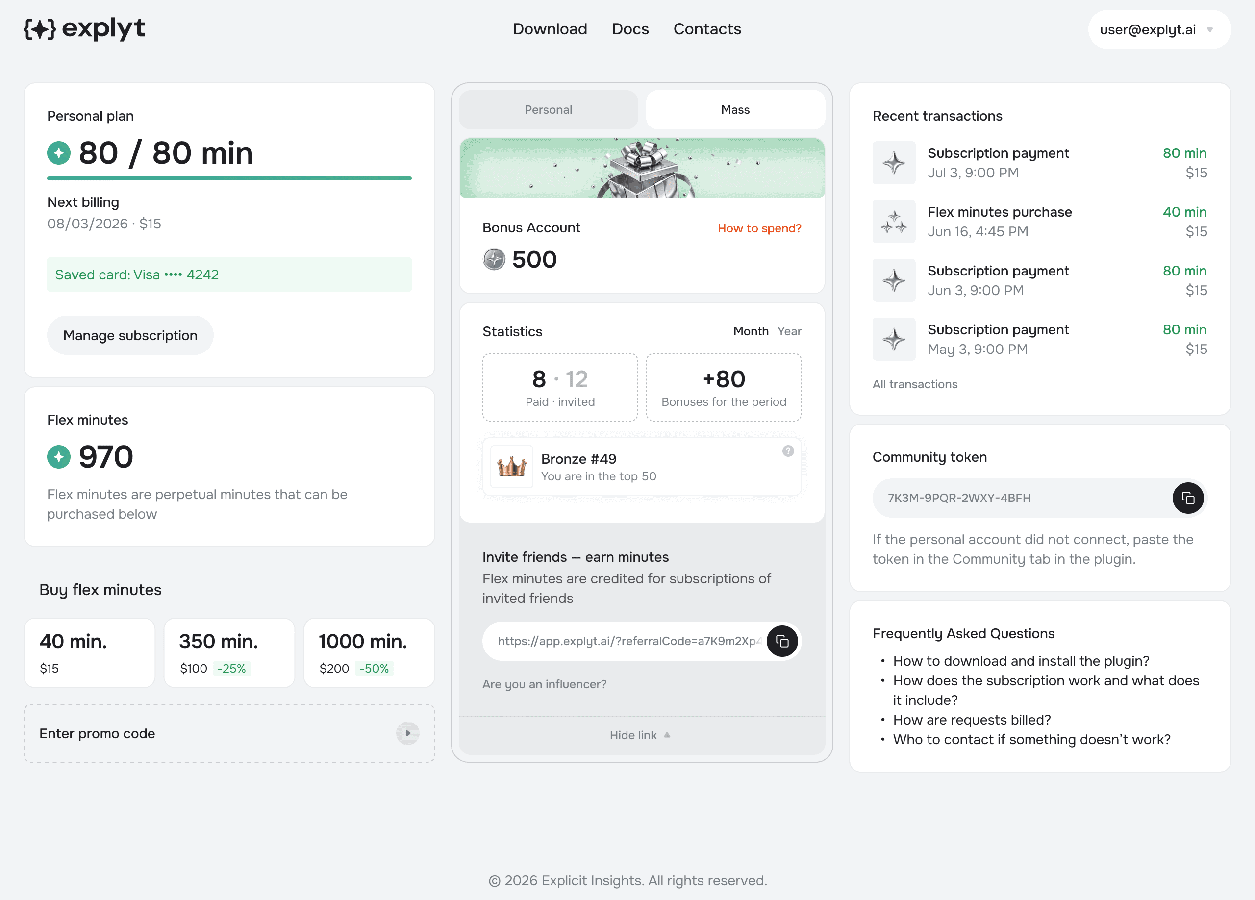 Bonus balance in the Explyt mass referrer dashboard