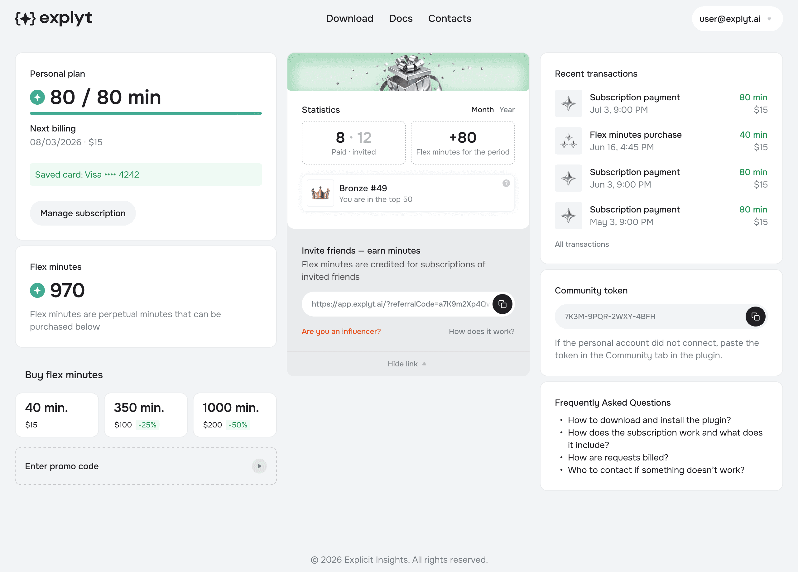 Referral link and stats in the Explyt individual referrer dashboard