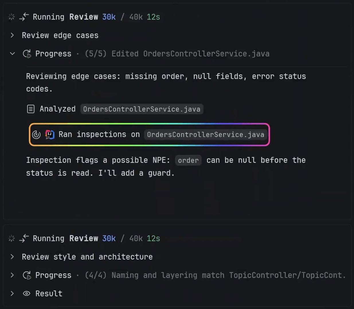 IDE screenshot showing chat changes and navigable review findings