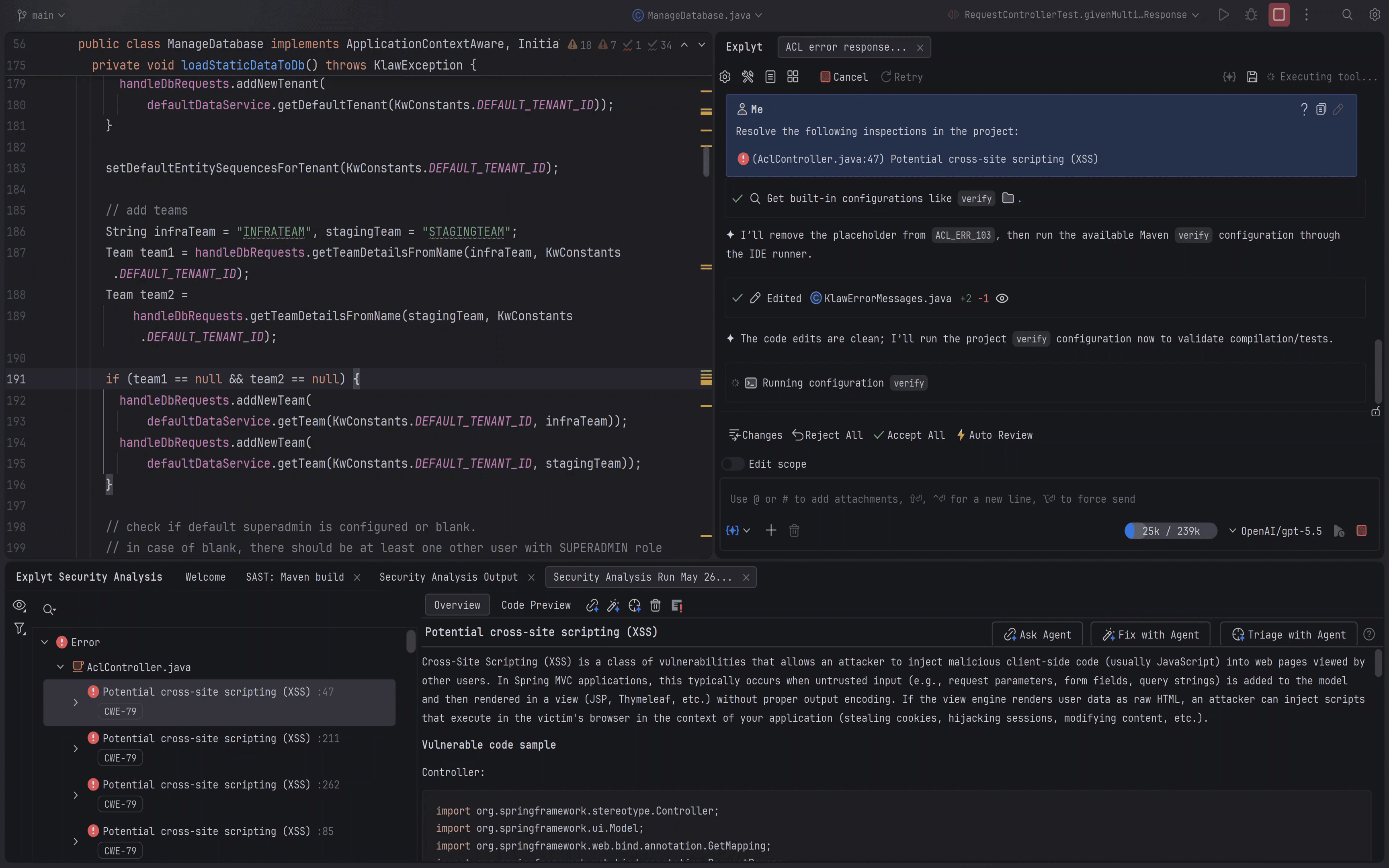 IDE screenshot showing an interprocedural source-to-sink vulnerability trace