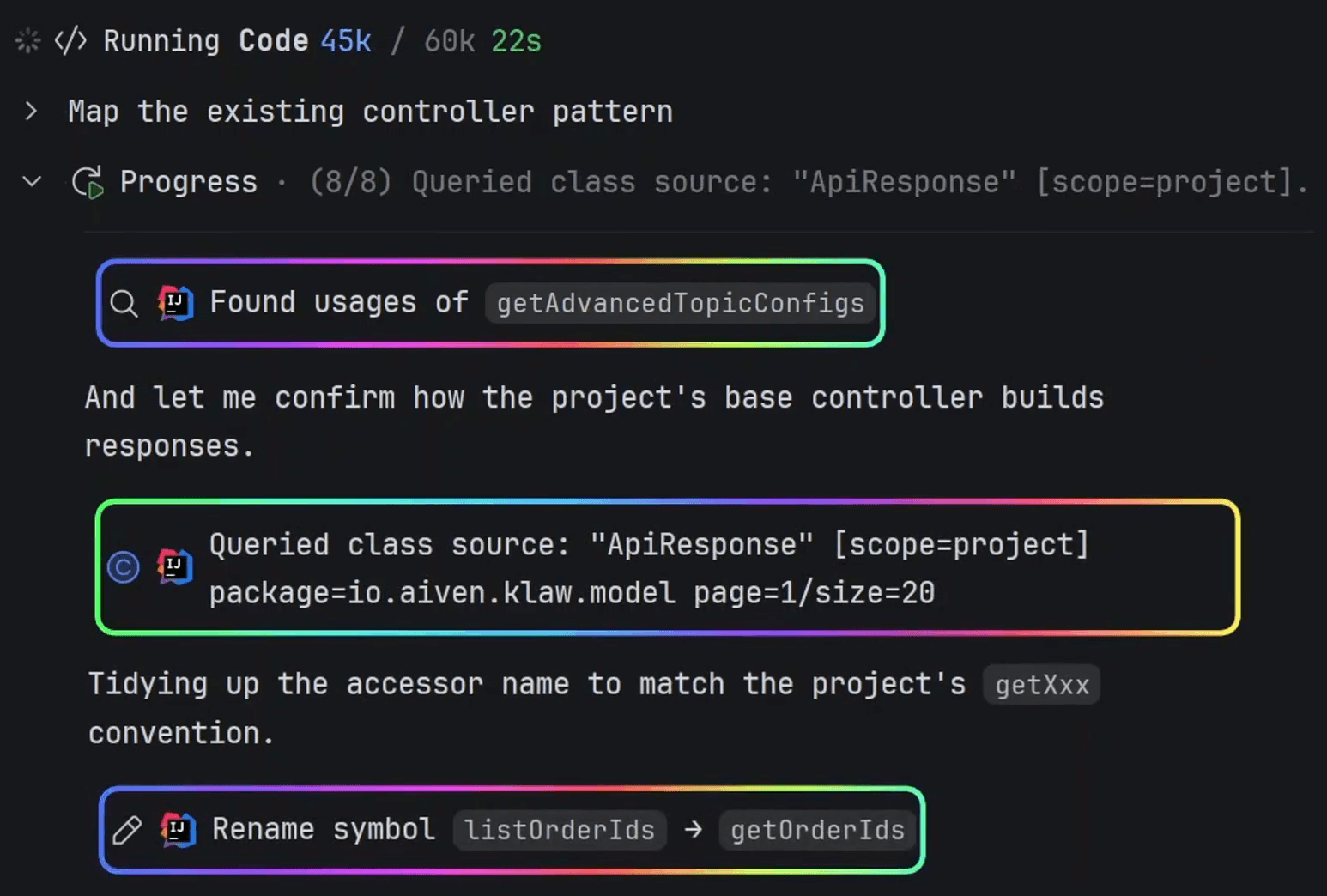 IDE screenshot showing real symbol usages, resolved dependency source, and safe refactoring tools
