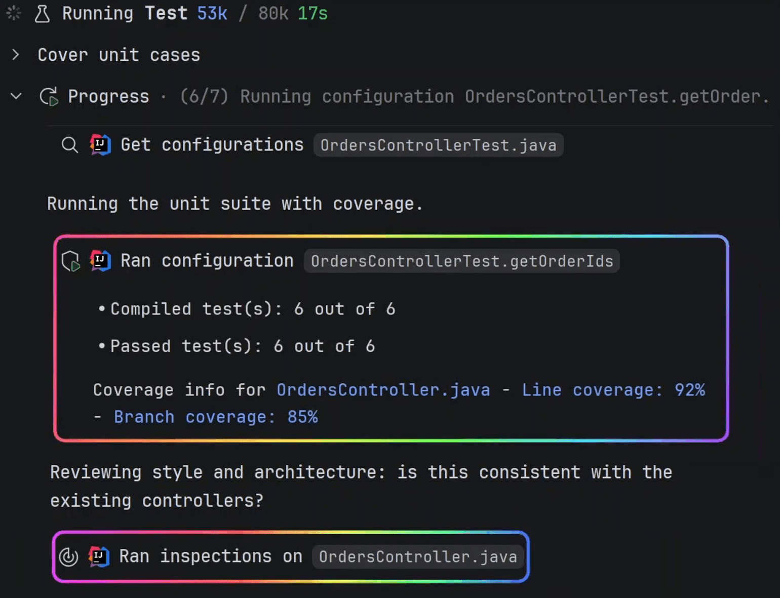 IDE showing linter results, test runs, and line and branch coverage