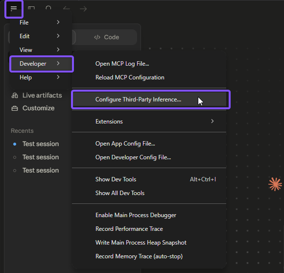 Claude Desktop: the Configure Third Party Inference item