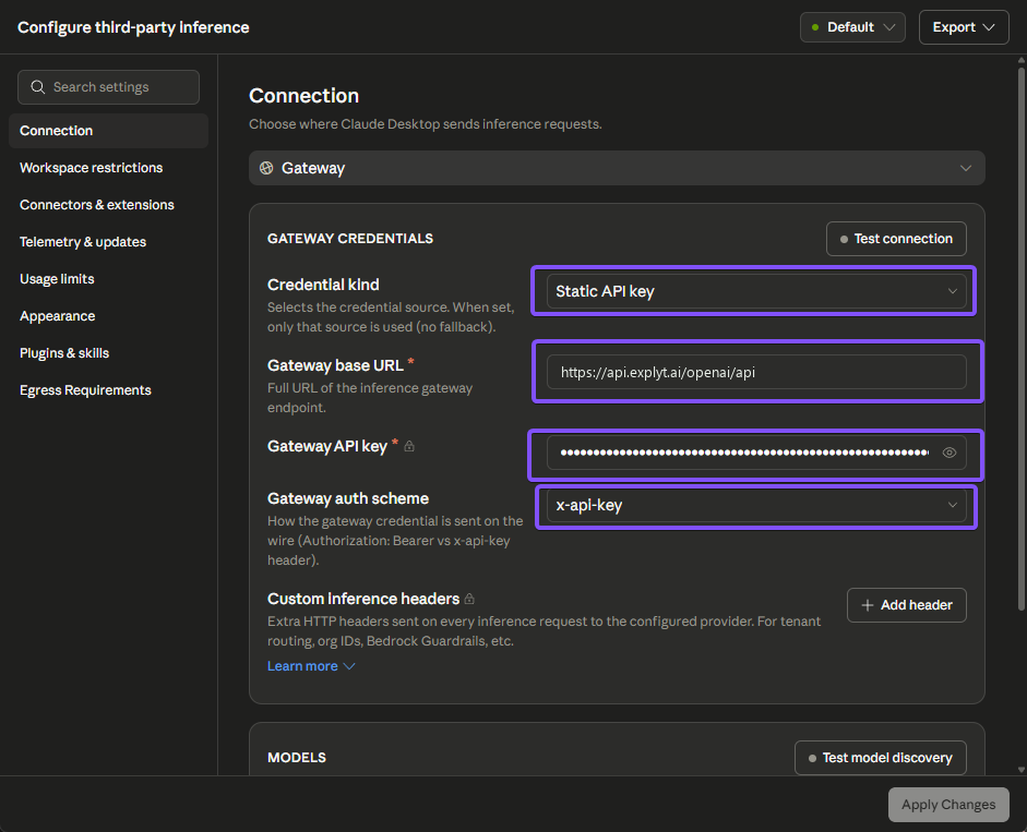 Claude Desktop: configuring the URL and API key