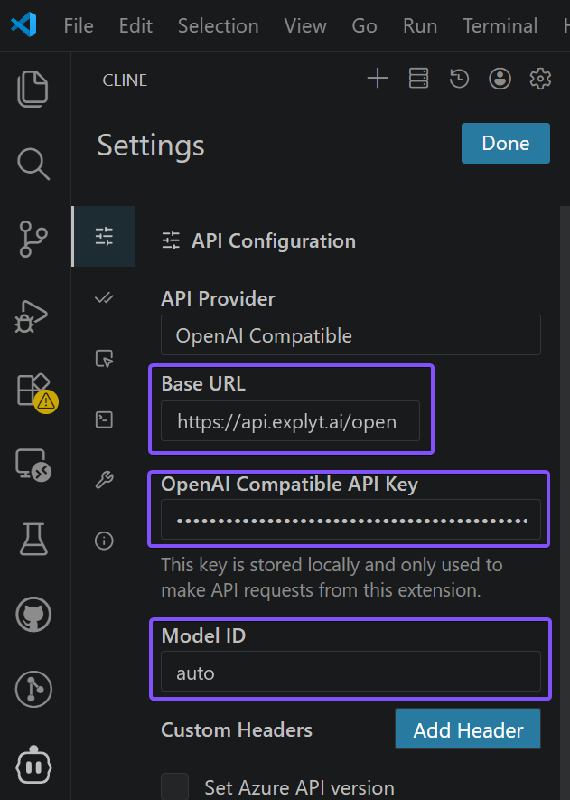 Cline: URL and API key