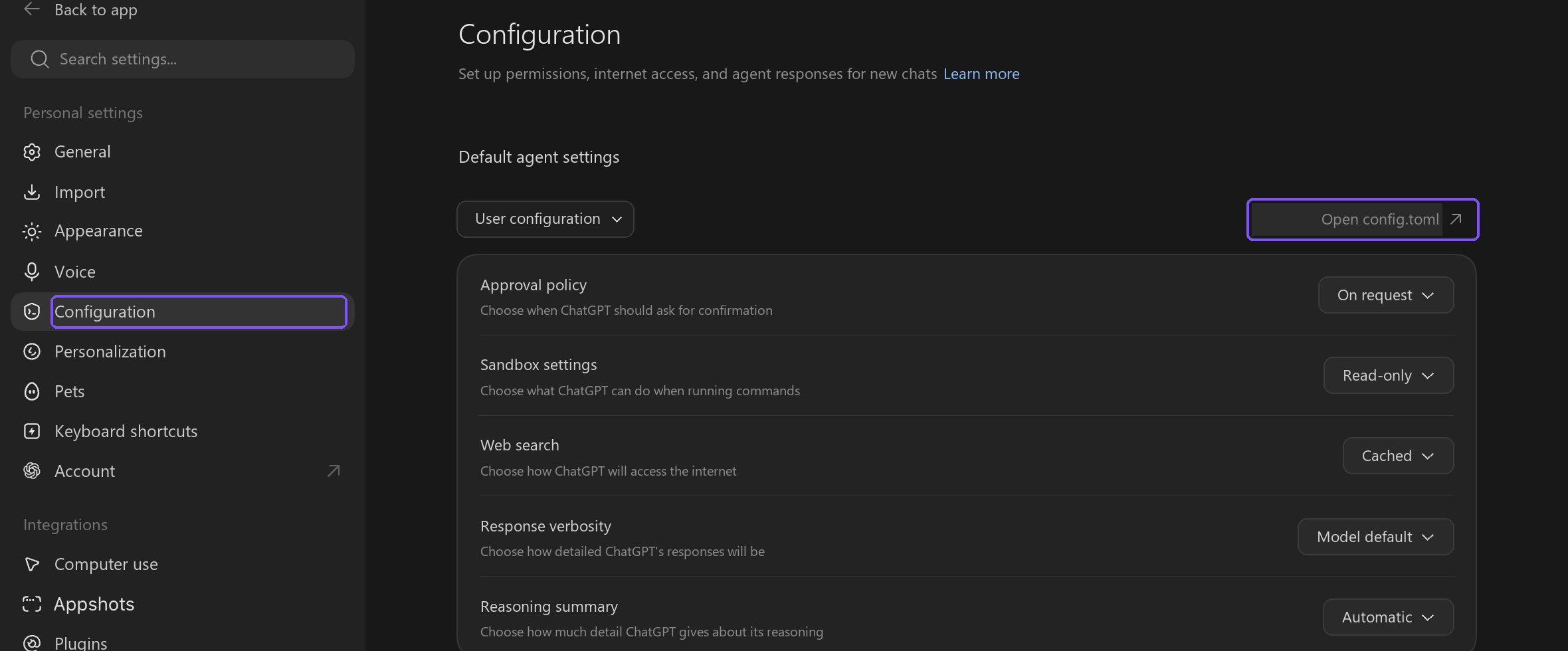 Codex in ChatGPT: the Open config.toml button in the settings