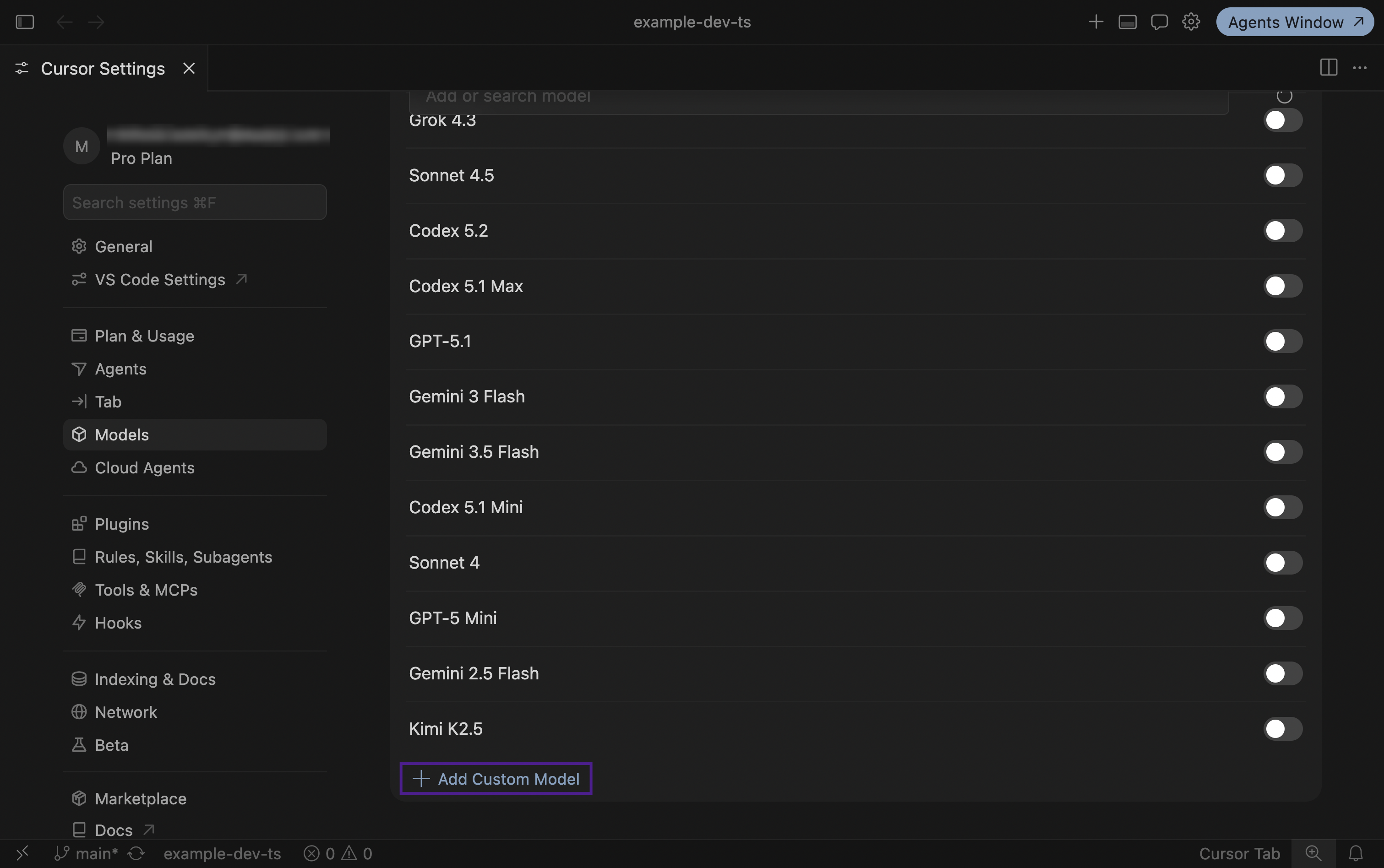 Cursor: the Add Custom Model button
