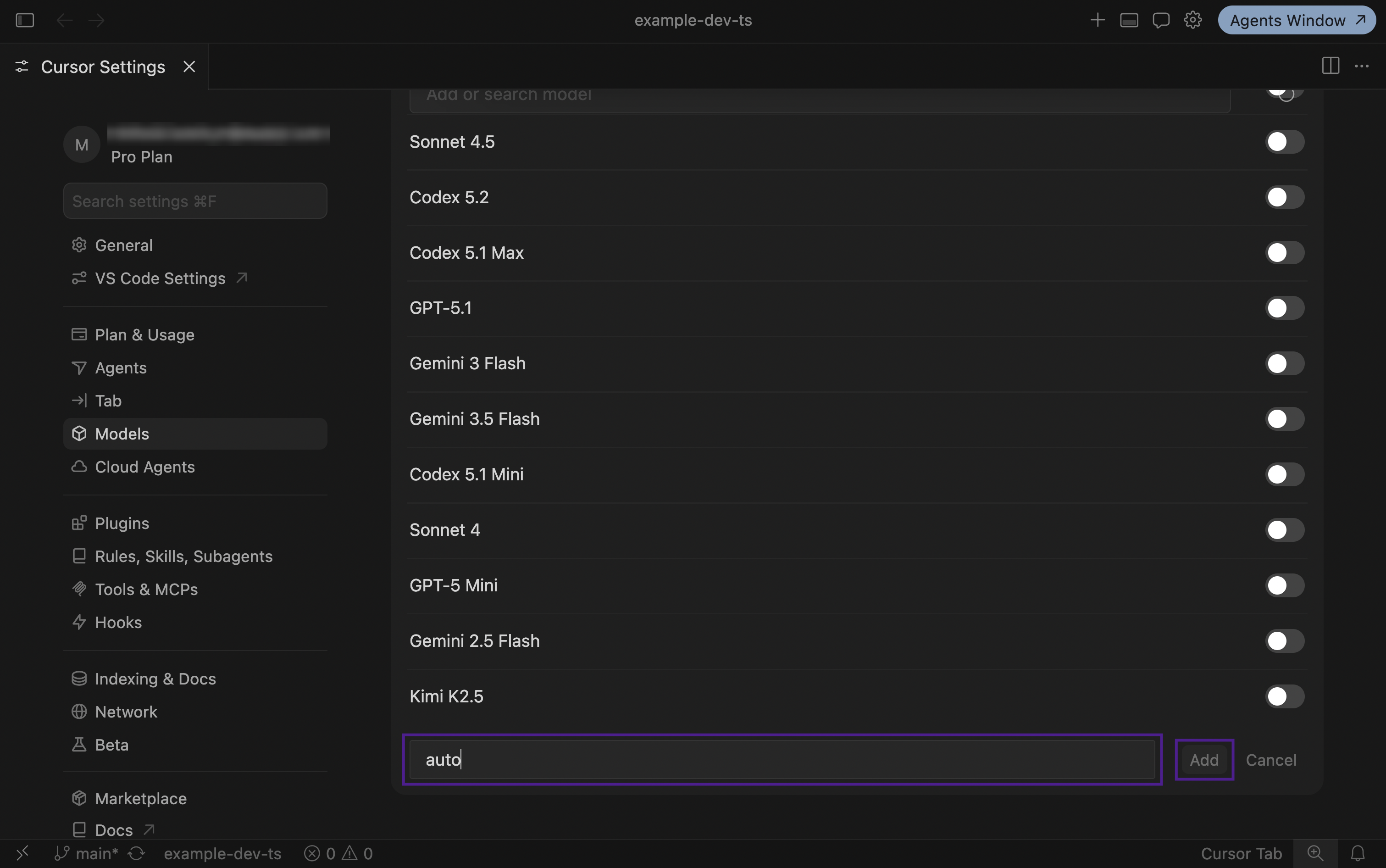 Cursor: adding a model by name