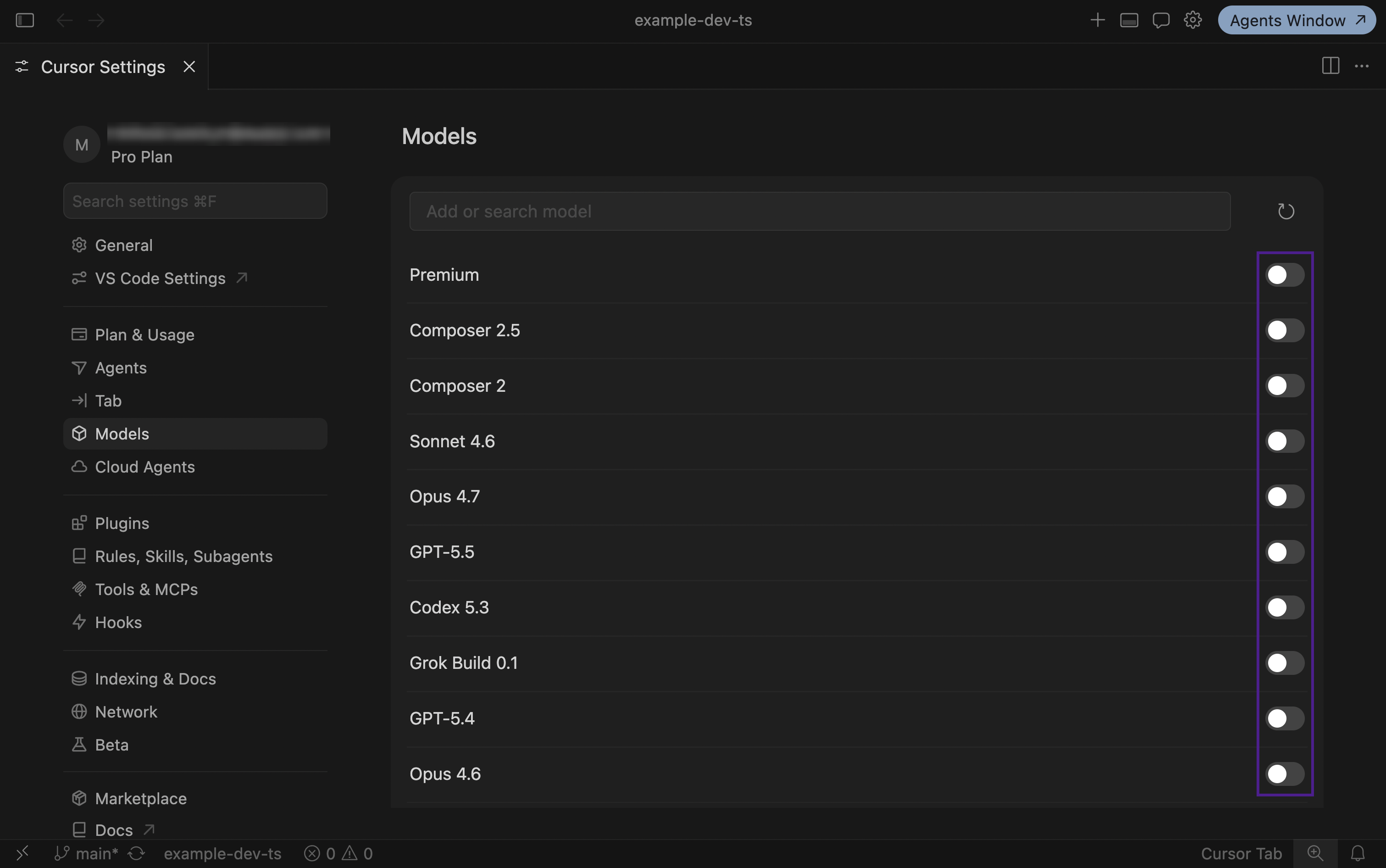 Cursor: turning off the built-in models