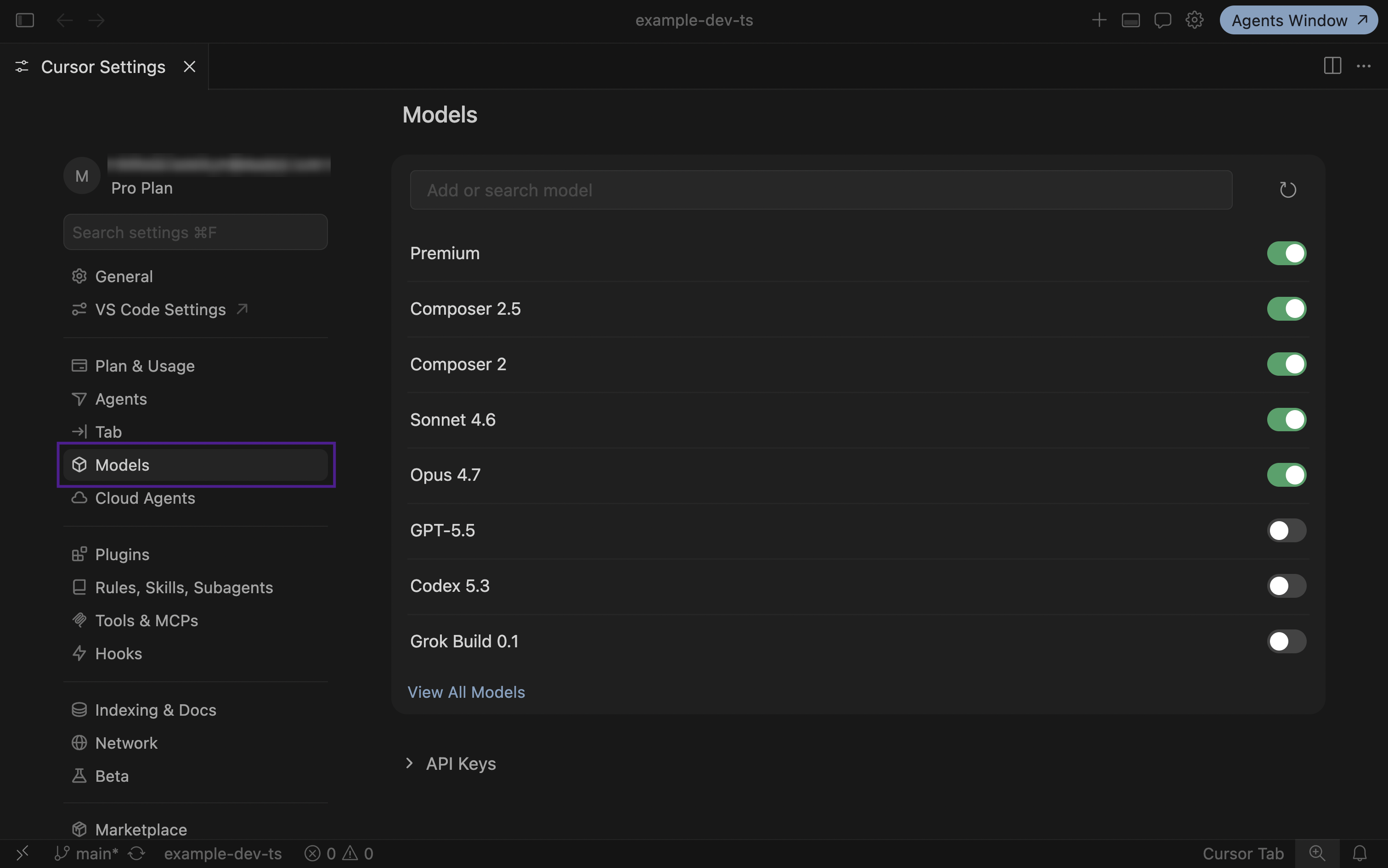 Cursor: the Models section in the settings