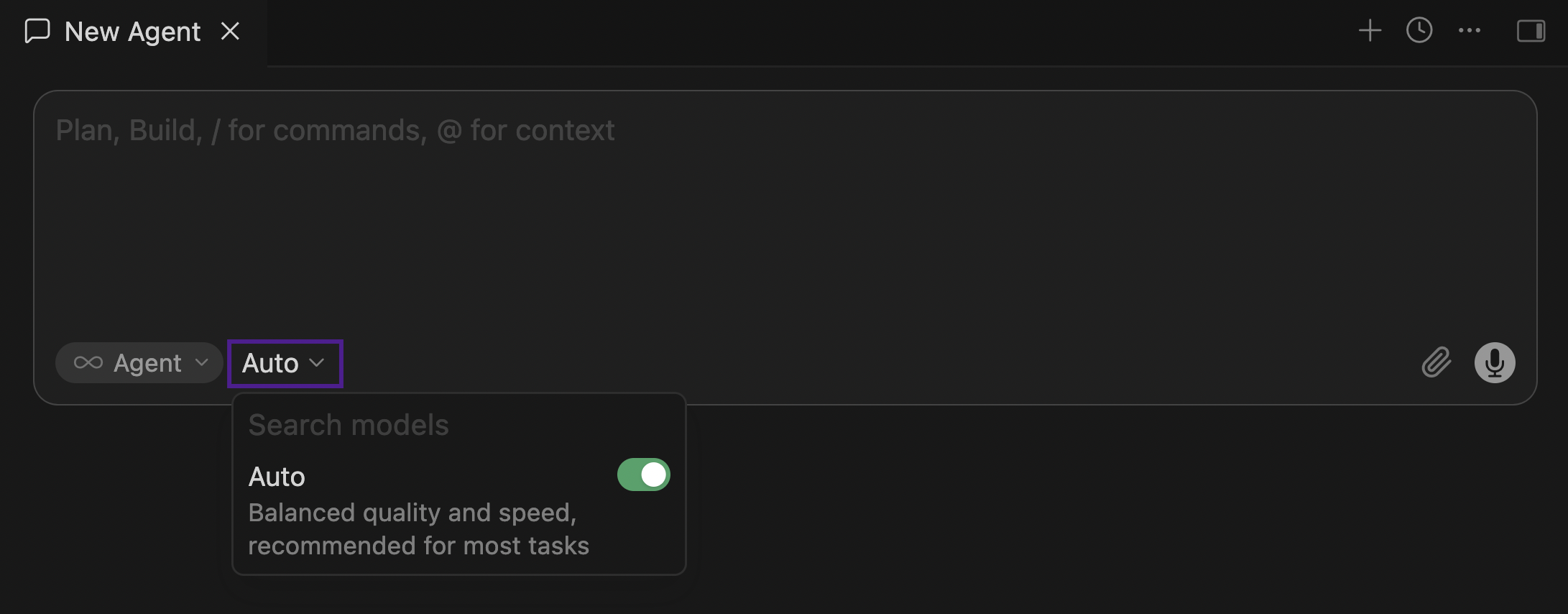 Cursor: the model list in the chat window