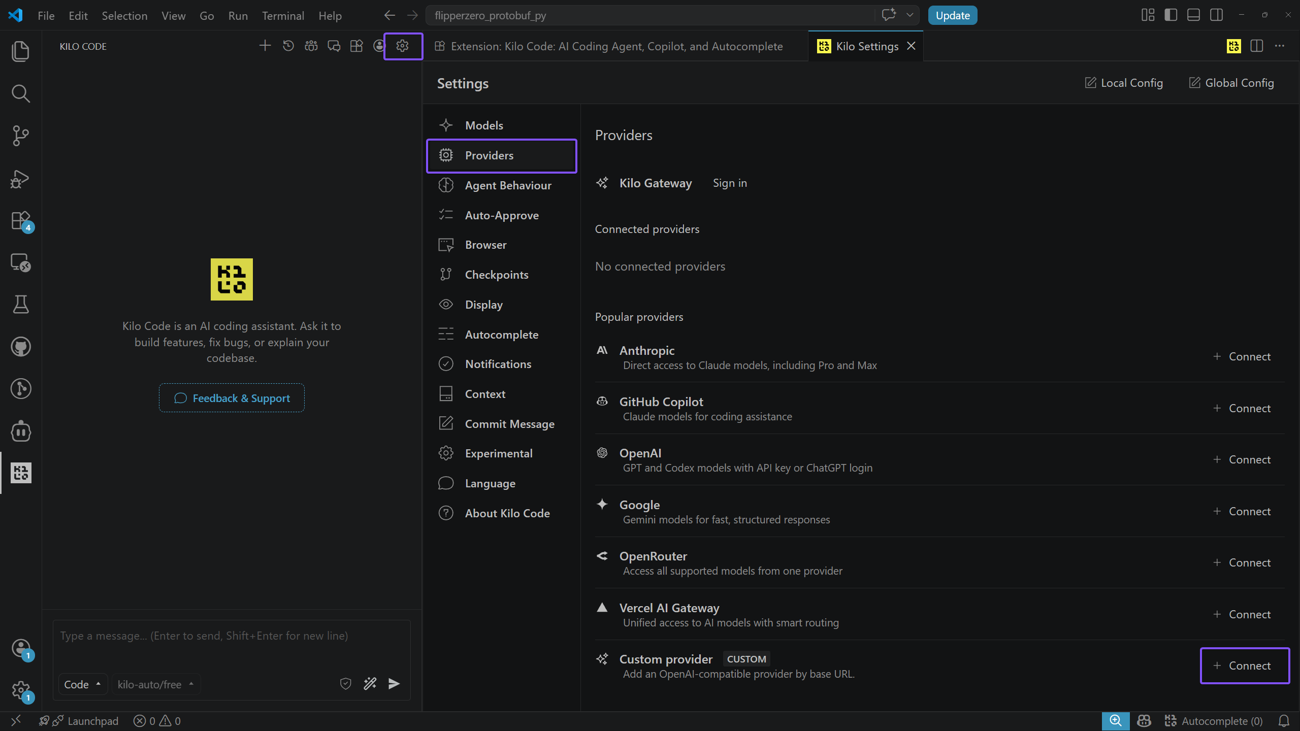 Kilo Code: connecting a provider