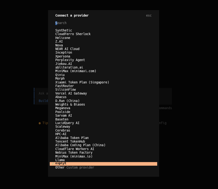 OpenCode: choosing the explyt provider