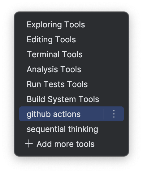 Tools of a connected MCP server in the Tools menu
