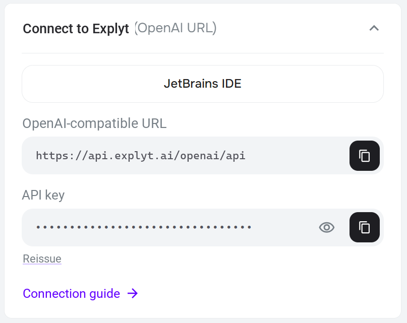 The Connect to Explyt block in the personal account