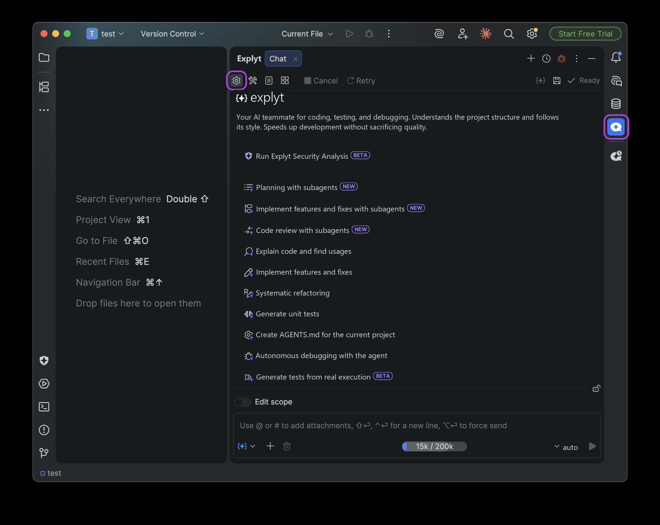 Explyt: opening the plugin from the icon on the right
