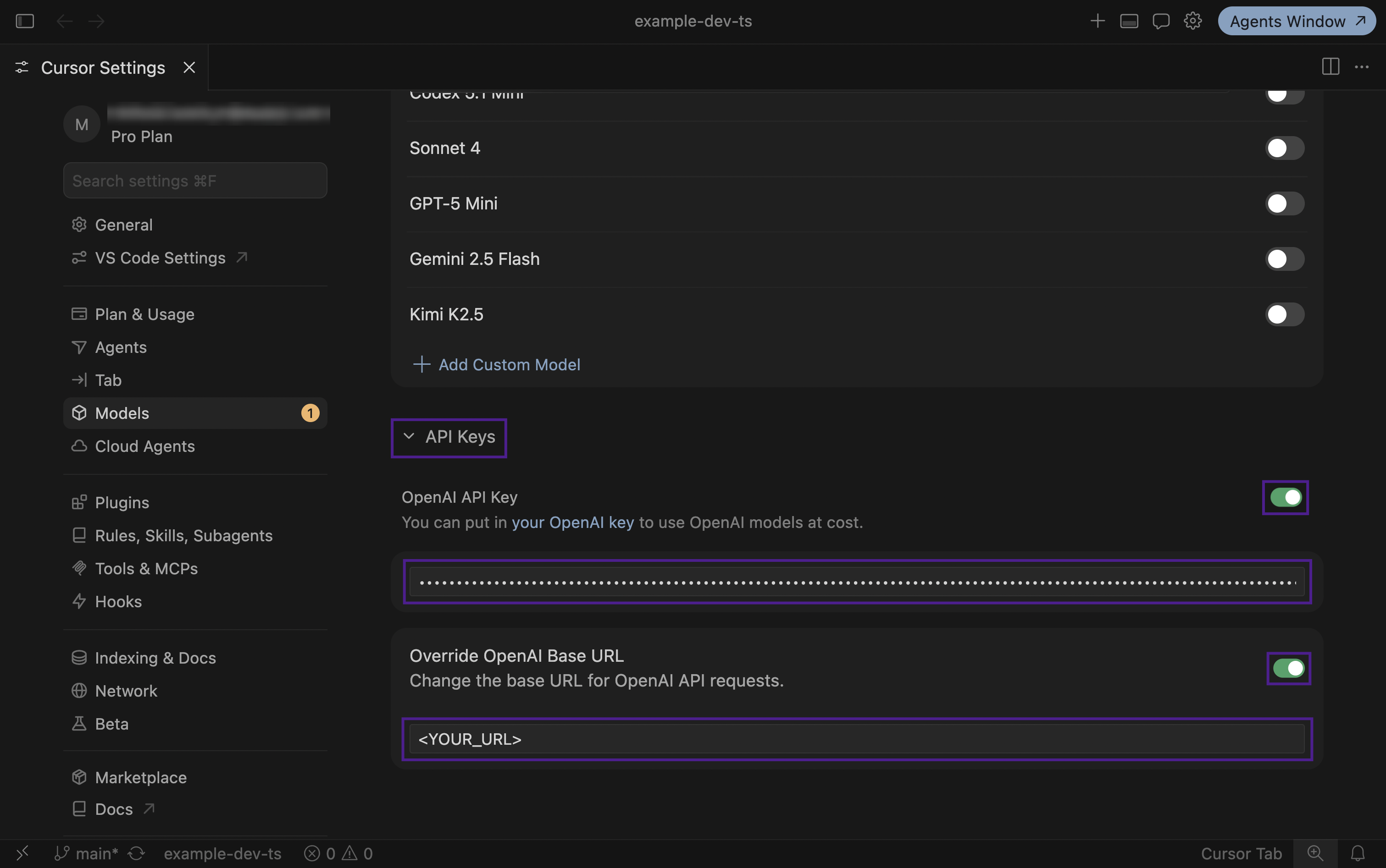Cursor: the API Keys block with the Explyt key and URL