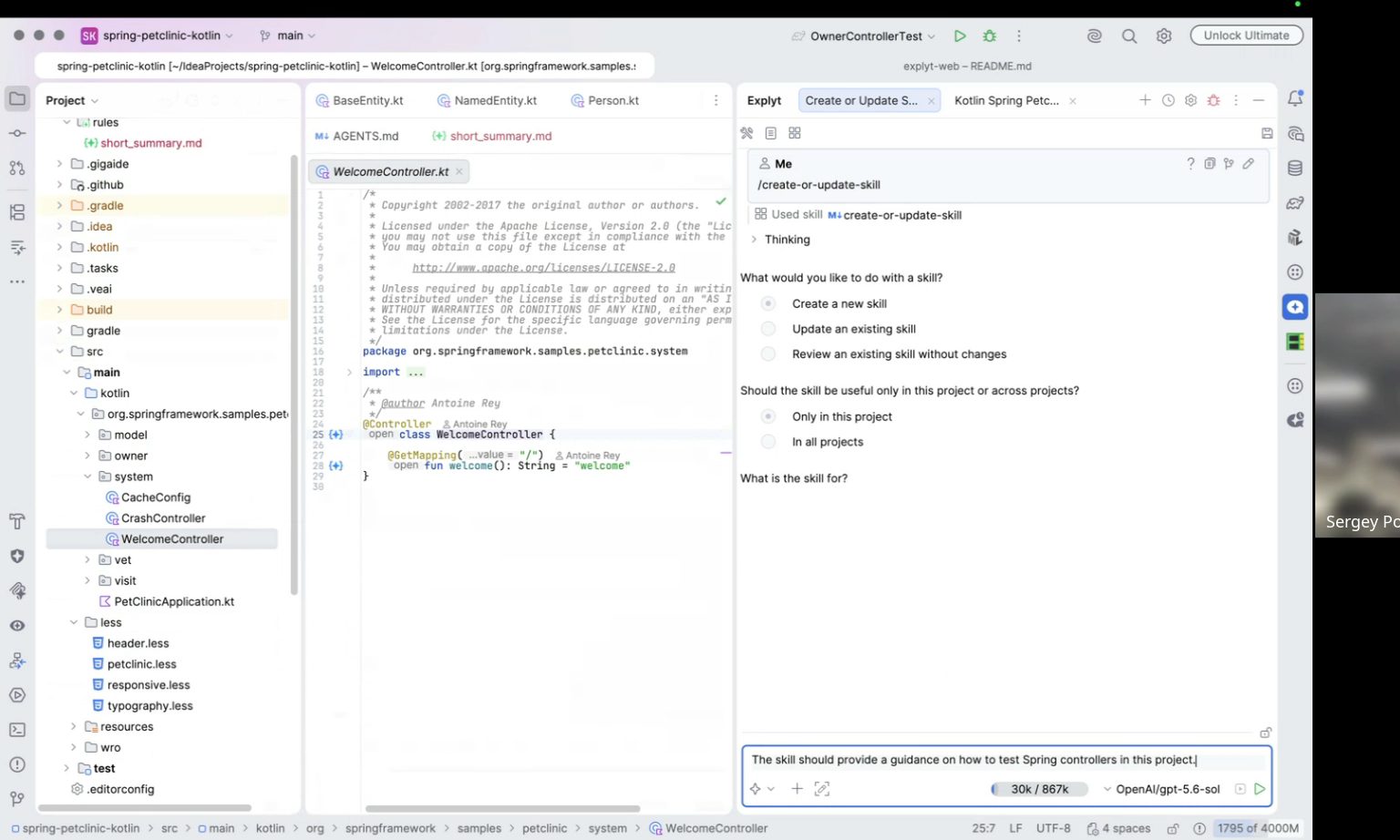 Demo: the create-or-update-skill wizard asks what to do with the skill and where it should be available