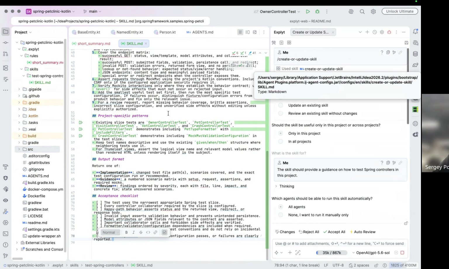 Demo: the generated SKILL.md with Project-specific patterns and an Acceptance checklist