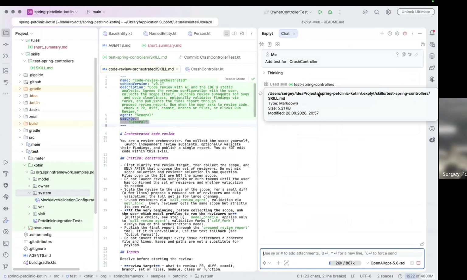 Demo: the Explyt chat shows Used skill test-spring-controllers with the file path