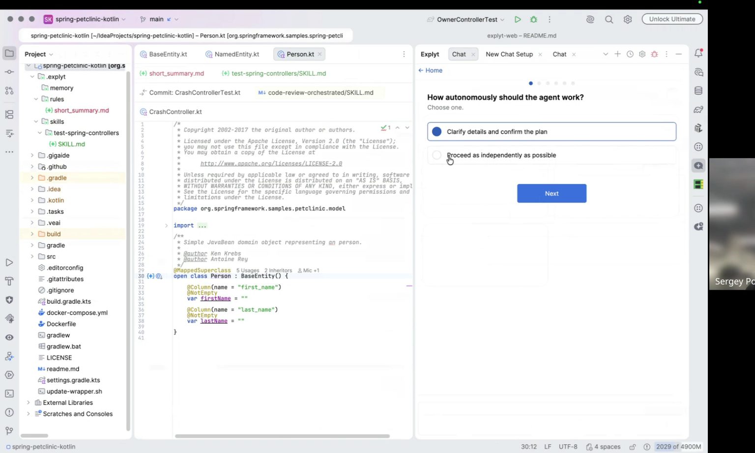 Demo: the New Chat Setup wizard, the question How autonomously should the agent work