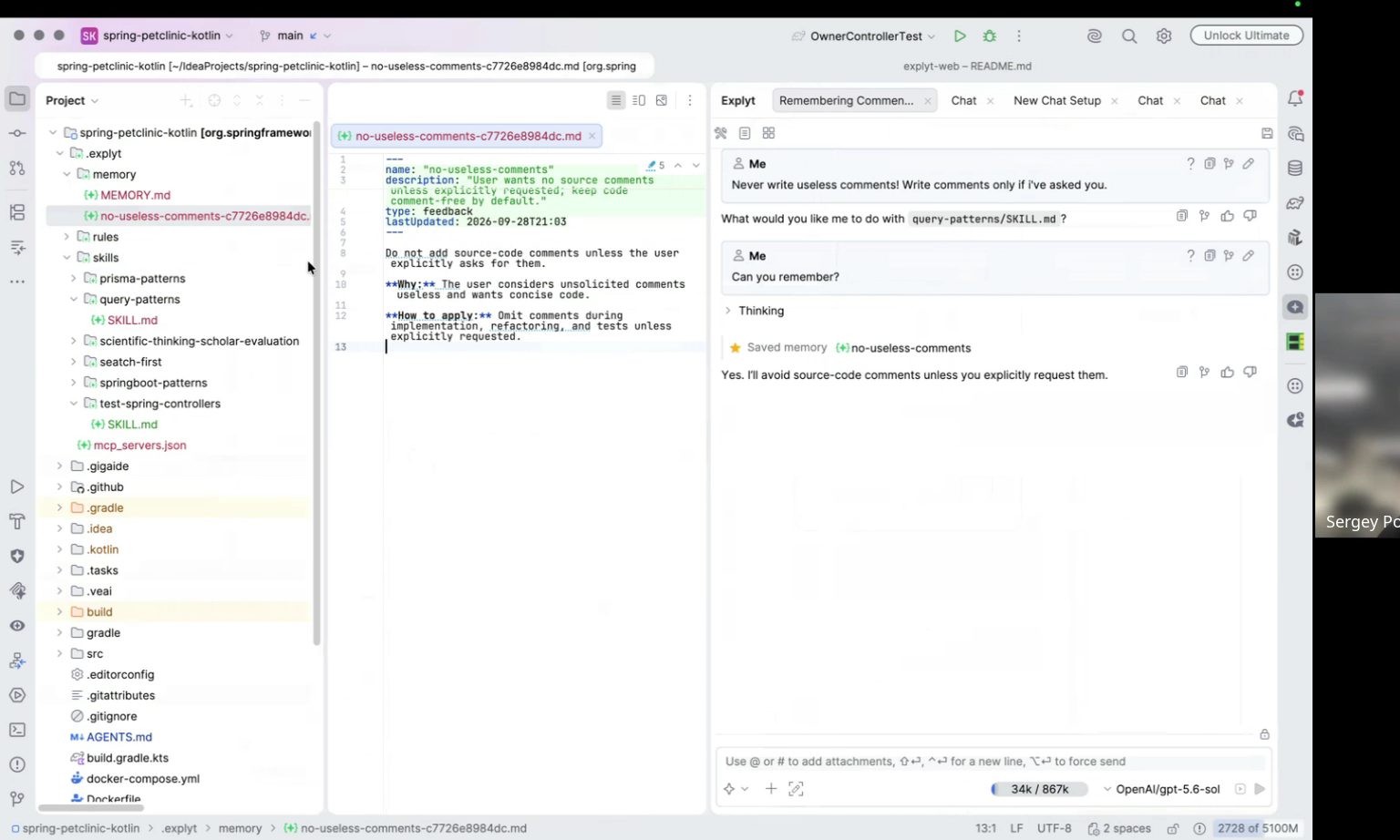 Demo: the Explyt chat with the reply Saved memory no-useless-comments and the open memory file in .explyt/memory