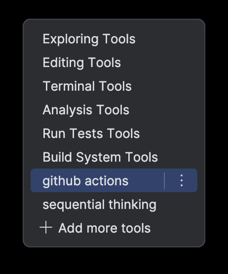 Tool list in the Explyt chat: built-in groups and the connected MCP servers github actions and sequential thinking