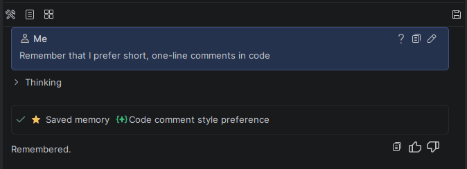 Explyt chat: the command Remember that I prefer short, one-line comments in code, and the reply Saved memory: Code comment style preference