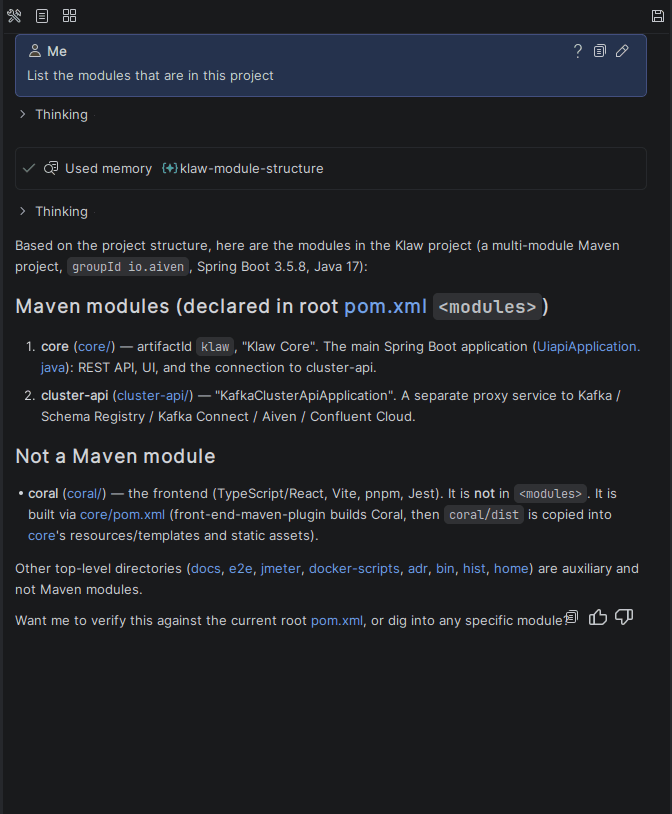 Explyt chat: the request List the modules that are in this project, the line Used memory klaw-module-structure and the answer about the Maven project modules