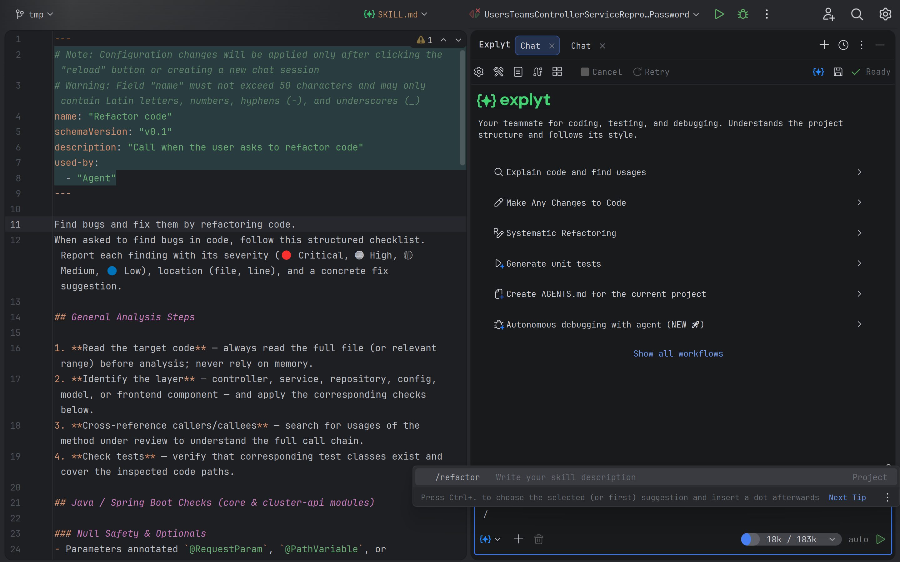 SKILL.md with the description and used-by fields, and the /refactor invocation in the Explyt chat
