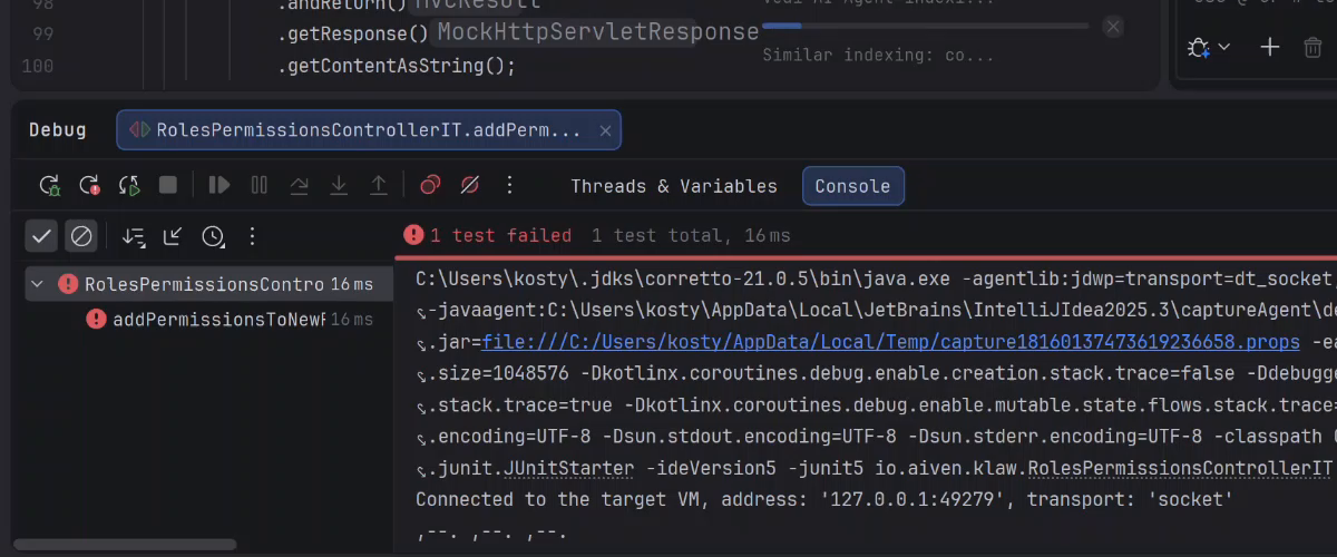 A failing test shown in the JetBrains IDE test runner