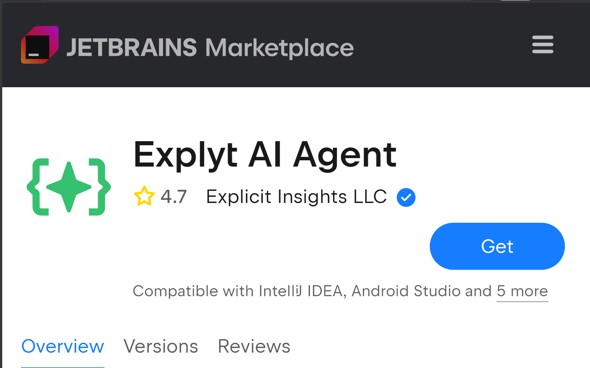 Explyt AI Agent on JetBrains Marketplace with the Get button